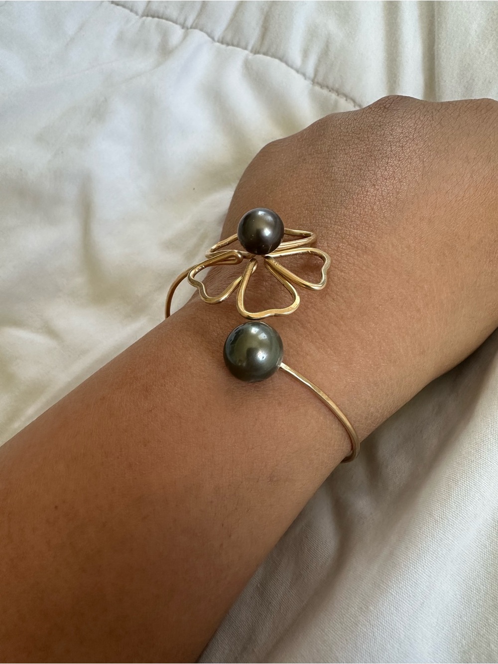 Gold 14k goldfill  Flower Cuff Bracelet with authentic Tahitian pearls